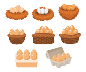 Set of Eggs in Boxes, Farmer Production, Organic Farm Food Icons for Market Place, Store or Shop. Poultry Production, Agriculture, with egg nest, egg basket and egg tray, isolated on white background.