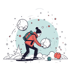 Cartoon illustration of a man with a backpack walking in the snow