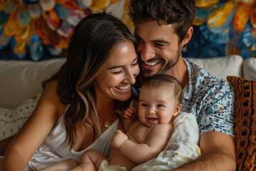 Fototapeta premium young family mother and father talking to a little baby showing love and care. Concept of motherhood, child care.