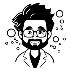 Vector cartoon illustration of male scientist in glasses and lab coat. Science concept.