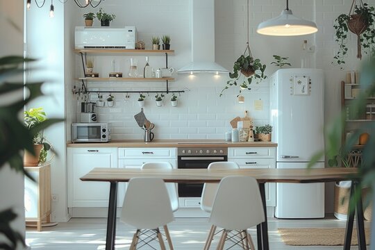 kitchen interior, visualization of kitchen interior in white.