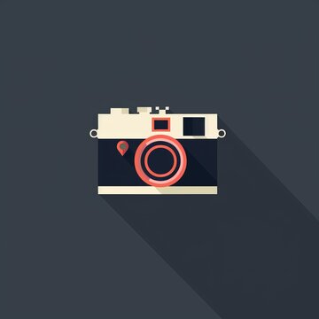 A simplistic, stylized illustration of a vintage camera, featuring a dark color scheme with red accents, ideal for thematic design use