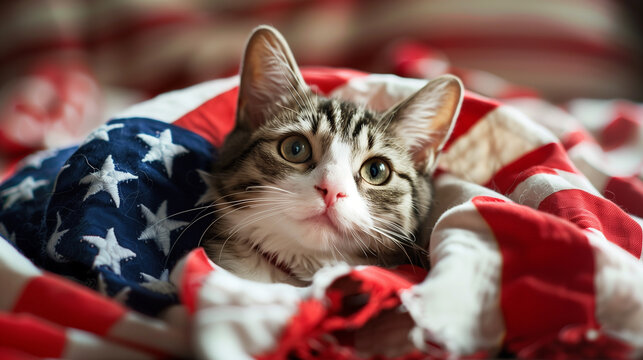 cute Cat wearing American flag. The concept of 4 July Independence Day, american flag, memorial day, american democracy, usa patriotism, victory of us. Ai generated image