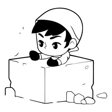 Illustration of a boy in a cap sitting on an ice cube