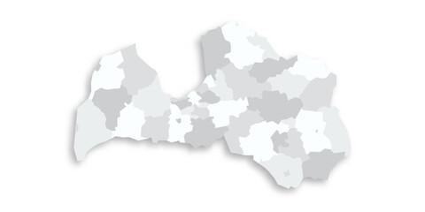 Latvia political map of administrative divisions - municipalities and cities. Grey blank flat vector map with dropped shadow.