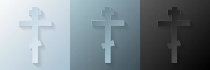 Foto op Plexiglas Papercut Christian cross. 3D Papercraft religious crucifix icon for posters and flyers, presentation, web, social media, design, banner, stickers, obituary, death notice or card of condolence. © taniKoArt