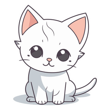 Cute white cartoon cat on white background for your design