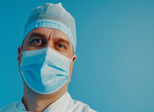 Close up portrait photo, Eye of Doctor. Protection against contagious disease, coronavirus, hygienic face surgical medical mask to prevent infection. blue background