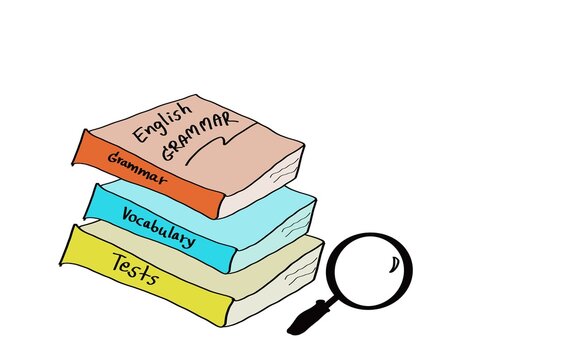 Hand drawn picture of English Grammar, Vocabulary and Tests book.  Illustration for education. Concept, English language teaching. grammar, Tenses lesson. Teaching aid. 