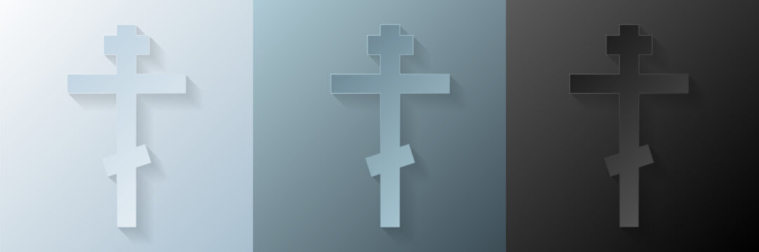 Papercut Christian cross. 3D Papercraft religious crucifix icon for posters and flyers, presentation, web, social media, design, banner, stickers, obituary, death notice or card of condolence.