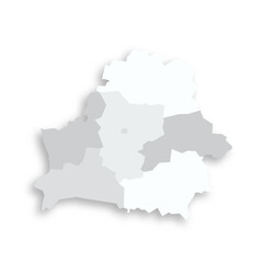 Belarus political map of administrative divisions - regions and one autonomous city. Grey blank flat vector map with dropped shadow.