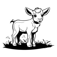 Black and white vector illustration of a baby goat standing in the grass.