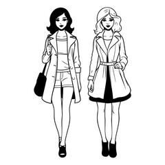 Fashion girls in coat and bag. Black and white vector illustration.