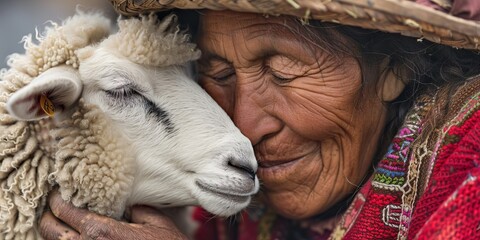A woman is hugging a sheep
