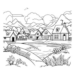 Village. Rural landscape. Black and white vector illustration for coloring book.