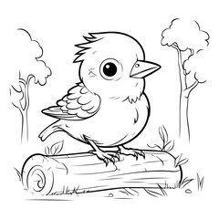Cute bird sitting on a log. Coloring book for children