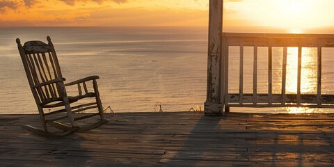 A rocking chair is on a porch overlooking the ocean