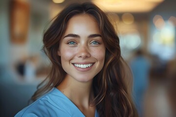 Naklejka premium Smiling Woman in Blue Scrub Top