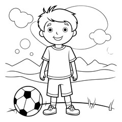 Coloring Page Outline Of a Boy Playing Soccer Vector Illustration