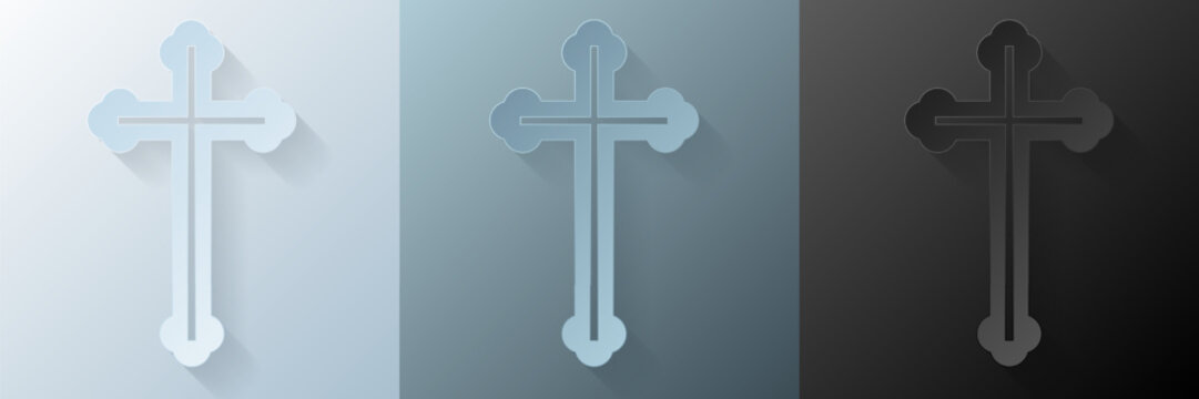 Papercut Christian cross. 3D Papercraft religious crucifix icon for posters and flyers, presentation, web, social media, design, banner, stickers, obituary, death notice or card of condolence.
