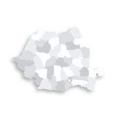 Romania political map of administrative divisions - counties and autonomous municipality of Bucharest. Grey blank flat vector map with dropped shadow.