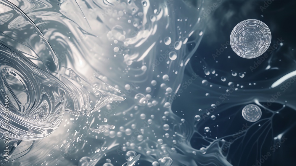 Poster an abstract composition of swirling, transparent bubbles and strands in a monochromatic scheme, conv