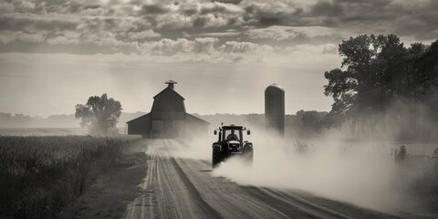 A tractor is driving down a dirt road in front of a barn