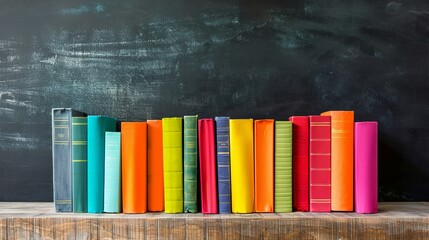 Vibrant classroom setting: array of colorful books on wooden table, backdropped by blackboard -...
