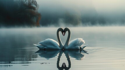 Swan pair forming a heart shape on a serene lake - obrazy, fototapety, plakaty