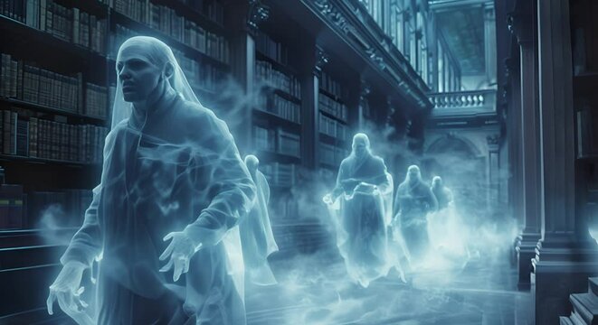 Ghostly librarians organizing an invisible book collection