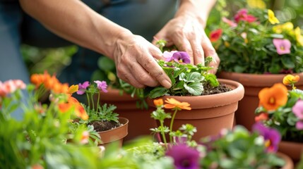 Close view hands planting colorful flowers terracotta pot, greenhouse plants encircle - obrazy, fototapety, plakaty