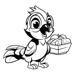 Cartoon blue bird with a basket of eggs on a white background