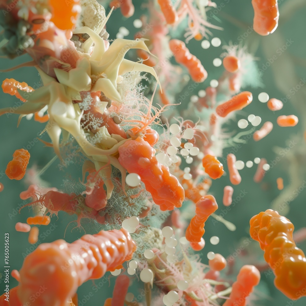 Poster a close-up rendering of microbial structures in shades of orange and green, depicting a dynamic and 