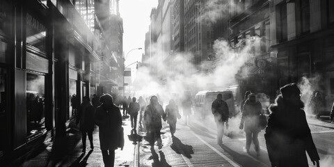 A busy city street with a large group of people walking down it