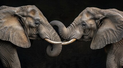 Elephant pair entwining trunks - obrazy, fototapety, plakaty
