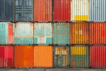 Fototapeta premium A wall of shipping containers. Stacked high. The containers began to rust and deteriorate.