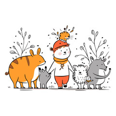 Obraz na płótnie Canvas Hand drawn vector illustration of cute cartoon animals in winter clothes. Doodle style.