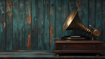 Antique gramophone with vinyl records - obrazy, fototapety, plakaty