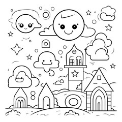Coloring book for children: castle. clouds. moon and stars