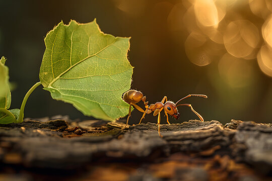 "Compose an image that depicts an ant in the midst of its incredible feat of strength, carrying a giant leaf across a rugged log. The ant should be portrayed in exquisite detail, 