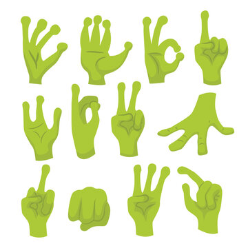 Set of Green Alien Hands collection with various gestures, reptile paw, UFO space adventures, hand drawn doodle alien's hands finger communication. vector illustration, isolated on white background.