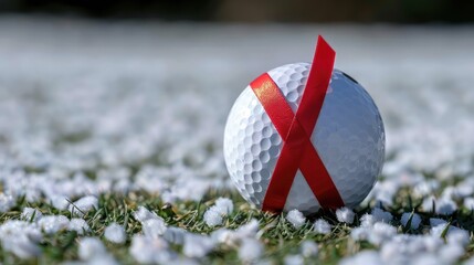 Close-up of a red ribbon for AIDS awareness on a golf ball with a white backdrop, international Golf Day