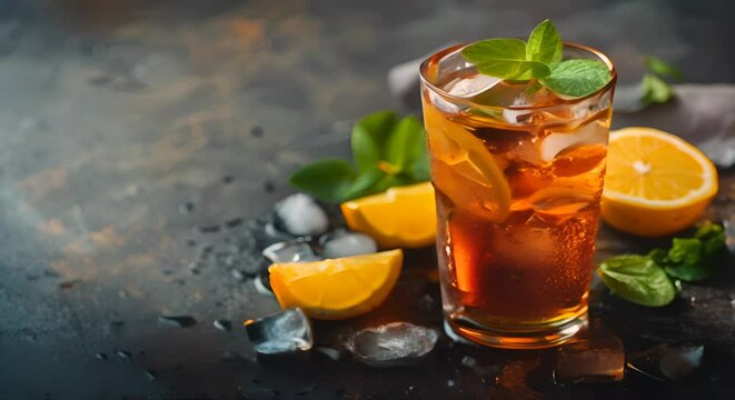 A refreshing glass of iced tea with lemon slices and mint leaves