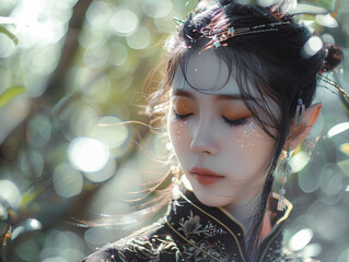 elven woman in Japanese style, black hair, fair skin, nature environment, decorated dress - obrazy, fototapety, plakaty