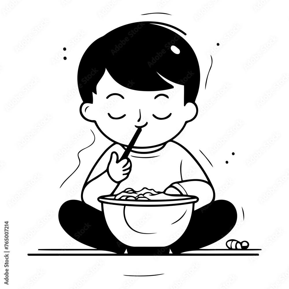 Canvas Prints cute boy eating rice noodle in cartoon style.