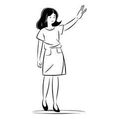 Vector illustration of happy young woman waving hand. Hand drawn sketch.