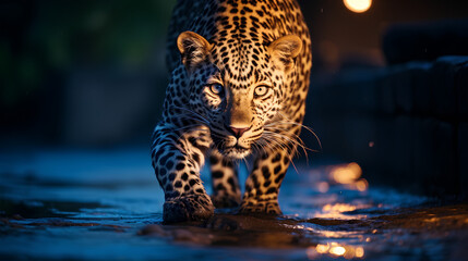 leopard lurking, prowling in the night - obrazy, fototapety, plakaty