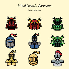 medieval armor editable icons set filled line style. with various shapes. armor, samurai, knight, helmet, warrior. filled collection