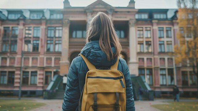 Adventurous schoolgirl with backpack standing proudly in front of educational institution