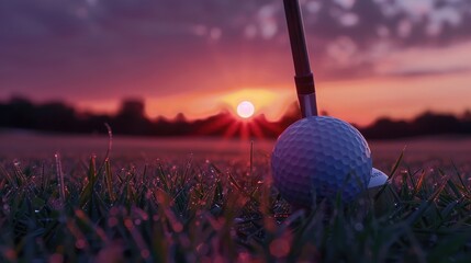 Close-up of golf ball with club during sunset, concet of international Golf Day
